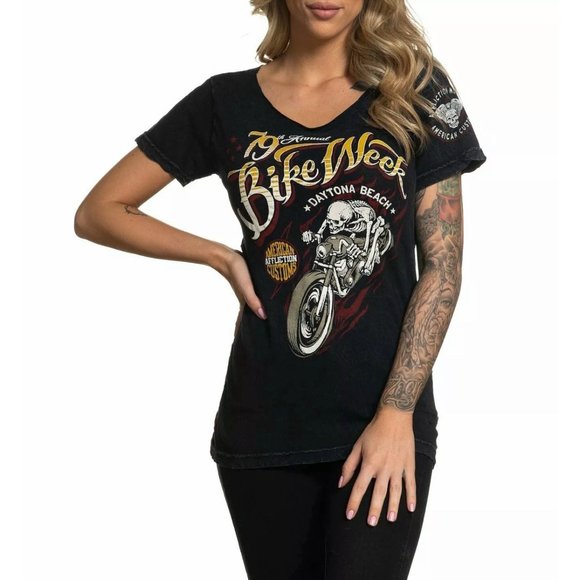 Affliction Tops - AFFLICTION Women's T-Shirt S/S DAYTONA 79 Tee Bike